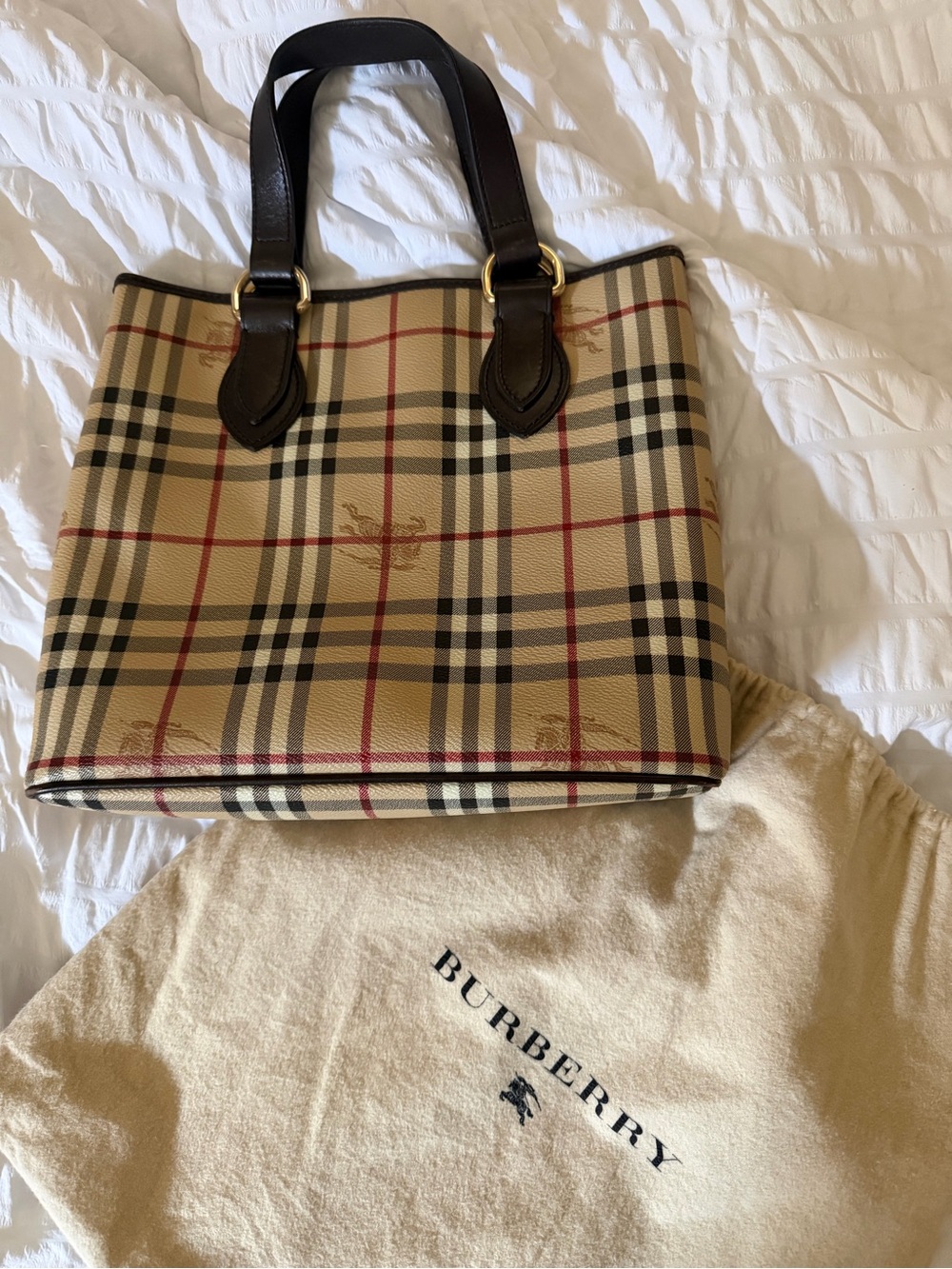 Burberry Tan Nova Check Tote with Dark Brown Leather Handles